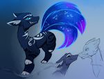  blue_eyes blue_fur canine cosmic_hair dragon duo eyelashes eyes_closed feral fur magnaluna mammal markings nude paws smile teeth white_fur wolf 