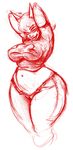  audiophilekitsune clothed clothing female hands_behind_head humanoid looking_at_viewer red_theme sketch slightly_chubby smile solo standing unzipped wide_hips 