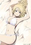  :o alternate_hairstyle arms_up artist_name beach bikini breasts bukkuri cleavage darjeeling dated dutch_angle eyebrows_visible_through_hair girls_und_panzer hair_down half-closed_eyes long_hair looking_at_viewer lying medium_breasts navel on_back parted_lips sand side-tie_bikini signature sketch solo swimsuit white_bikini 