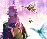  backlighting bug butterfly flower fox_mask hair_flower hair_ornament haori insect japanese_clothes kazu_(muchuukai) kimono long_hair looking_at_viewer looking_to_the_side mask original pink_eyes pink_hair serious solo wisteria 