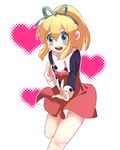  android bare_legs bent_over blonde_hair blue_eyes blush capcom dress eyebrows_visible_through_hair eyes_visible_through_hair hair_between_eyes hair_ornament heart high_ponytail leg_up long_hair open_mouth ponytail ribbon rockman rockman_(classic) roll sakuraba_(kirsche_x) sidelocks smile solo teeth 