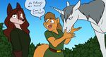  2018 anthro black_nose breasts brown_hair canine clothed clothing dialogue diana_(rebelsqurl) english_text equine female feral fox foxenawolf fur green_eyes group hair horn looking_at_viewer male mammal pink_nose purple_eyes red_hair rodent sandy_(rebelsqurl) squirrel text unicorn unicorn_horn yellow_fur 