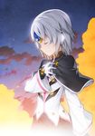  another_code_(elsword) black_capelet capelet closed_eyes cloud cloudy_sky commentary elsword eve_(elsword) facial_mark forehead_jewel gloves hand_on_own_chest night night_sky ress short_hair silver_hair sky solo star 