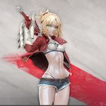  3d belt black_panties blonde_hair bracelet breasts denim denim_shorts fate/apocrypha fate_(series) green_eyes grin hand_on_hip highleg highleg_panties highres holding holding_sword holding_weapon jacket jewelry leslyzerosix looking_at_viewer midriff mordred_(fate) mordred_(fate)_(all) navel necklace over_shoulder panties ponytail shorts small_breasts smile solo sword sword_over_shoulder teeth thong underwear weapon weapon_over_shoulder 