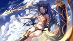  black_hair breasts detached_sleeves fate/grand_order fate_(series) highres ishtar_(fate/grand_order) long_hair looking_at_viewer medium_breasts navel orange_eyes pointing_to_the_side qifenling_liumiao single_detached_sleeve single_thighhigh smile solo thighhighs 
