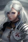  armor artist_name blue_eyes chuby_mi closed_mouth earrings final_fantasy final_fantasy_xiv highres hyur jewelry lips long_hair looking_at_viewer realistic solo watermark white_hair 