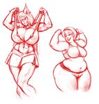  abs animal_humanoid audiophilekitsune big_breasts breasts duo female flexing fox_humanoid human humanoid mammal nipple_bulge overweight red_theme sketch standing wide_hips 