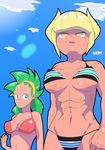  2girls abs bikini blonde_hair blue_eyes breasts chuuri cleavage gold_eyes green_hair inazuma_eleven_(series) inazuma_eleven_go inazuma_eleven_go_chrono_stone inazuma_eleven_go_vs_danball_senki_w multiple_girls muscle muscular muscular_female sky smile_(inazuma_eleven) sweat 