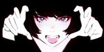  bangs black_background bright_pupils fangs hands_up highres ilya_kuvshinov looking_at_viewer open_mouth original purple_eyes short_hair simple_background solo upper_body 