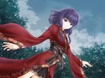  bangs day eyebrows_visible_through_hair floating_hair highres i-mixs japanese_clothes kimono long_sleeves looking_at_viewer original outdoors parted_lips purple_eyes purple_hair red_kimono short_hair wide_sleeves 