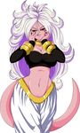  1girl :d android_21 bandeau black_sclera breasts cleavage dragon_ball dragon_ball_fighterz harem_pants highres hips large_breasts looking_at_viewer majin_android_21 nail_polish pants pink_skin red_eyes smile solo stomach tail white_hair wide_hips 