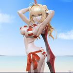  3: 3d aestus_estus ahoge armpits arms_up ass ass_cutout bangs beach bikini blonde_hair blue_sky breasts cleavage closed_mouth cloud cowboy_shot criss-cross_halter day fate/grand_order fate_(series) from_side green_eyes hair_intakes halterneck hand_in_hair highres horizon jewelry large_breasts leslyzerosix long_hair looking_at_viewer navel nero_claudius_(fate)_(all) nero_claudius_(swimsuit_caster)_(fate) outdoors side-tie_bikini sideboob single_earring sky solo striped striped_bikini swimsuit twintails twisted_torso underboob 