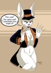  2017 anthro black_betty bottomless breasts claws cleavage clothed clothing english_text female fur graphite_(artist) hat hi_res jacket lagomorph mammal rabbit sharp_teeth simple_background solo teeth text white_fur zebra_girl 