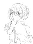  bag commentary_request drinking_straw earrings eyebrows_visible_through_hair fingernails from_behind glasses highres jewelry long_sleeves looking_at_viewer looking_back nikaidou_kou original shoulder_bag simple_background sipping sketch solo tied_hair upper_body white_background 