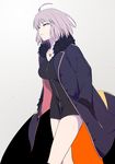  ahoge black_coat black_dress coat commentary_request dress fate/grand_order fate_(series) full-length_zipper fur-trimmed_coat fur_trim hands_in_pockets jeanne_d'arc_(alter)_(fate) jeanne_d'arc_(fate)_(all) jewelry necklace short_dress short_hair silver_hair sohin solo standing wicked_dragon_witch_ver._shinjuku_1999 yellow_eyes zipper 