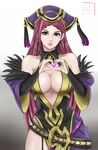  absurdres bare_shoulders braid breasts cleavage dress earrings feather_trim fingernails fire_emblem fire_emblem_heroes garter_straps geazs hat heart heart_hands highres jewelry large_breasts lips lipstick loki_(fire_emblem_heroes) long_hair long_sleeves makeup nail_polish purple_dress purple_eyes purple_hair purple_nails side_slit single_braid wide_sleeves 