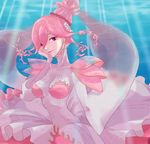  breasts commentary_request dress gaaveb highres houseki_no_kuni light_rays looking_at_viewer monster_girl pink_eyes pink_hair puffy_short_sleeves puffy_sleeves short_sleeves smile solo underwater ventricosus 