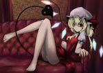  bare_legs barefoot blonde_hair couch dress flandre_scarlet laevatein_(tail) lit_ter panties red_dress red_eyes tail touhou underwear 
