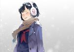  bangs black_hair black_serafuku black_shirt blue_coat blush brown_scarf coat crying earmuffs gradient gradient_background grey_background long_sleeves neckerchief nose_blush open_clothes open_coat open_mouth original red_neckwear scarf school_uniform serafuku shirt short_hair sinzan snow_on_head snowing solo streaming_tears tears upper_body winter 