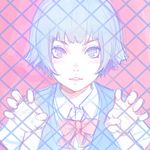  blue_eyes blue_hair blue_vest bow bowtie collared_shirt copyright_request fence hands_up ilya_kuvshinov lips looking_at_viewer parted_lips pink_background pink_neckwear shirt short_hair simple_background sketch smile solo upper_body vest white_shirt wing_collar 