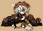  :3 :d blush bondrewd boots brown_background capelet character_doll character_request chibi dress eyebrows_visible_through_hair gloves heart looking_at_viewer made_in_abyss meinya_(made_in_abyss) monochrome one_eye_closed open_mouth pouch prushka sakurazawa_izumi sepia short_hair simple_background sitting smile solo 
