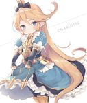  armor bangs black_bow blonde_hair blue_dress blue_eyes blush bow breastplate character_name charlotta_fenia closed_mouth dotted_line dress enomoto_hina faulds granblue_fantasy hair_between_eyes hair_bow harvin juliet_sleeves long_hair long_sleeves looking_at_viewer pointy_ears puffy_sleeves sidelocks skirt_basket solo swept_bangs very_long_hair white_background 