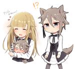  2girls :d ^_^ ange_(princess_principal) animal_ears bangs black_dress black_legwear black_ribbon blonde_hair blue_eyes blush braid closed_eyes closed_mouth dress eyebrows_visible_through_hair grey_hair hair_between_eyes hair_flaps hair_ribbon head_tilt heart highres long_hair long_sleeves multiple_girls o_o open_mouth pantyhose princess_(princess_principal) princess_principal ribbon school_uniform shirt smile sorimachi-doufu sweat tail tail_wagging translation_request white_background white_shirt wolf_ears wolf_girl wolf_tail 