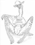  2018 anthro breasts clothing female giraffe gloves_(marking) greyscale long_tongue looking_at_viewer mammal markings midriff monochrome navel nipple_slip piercing shirt shorts simple_background sitting socks_(marking) solo spots spread_legs spreading tongue tongue_out tongue_piercing under_boob wolfkidd 