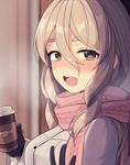  alternate_costume black_gloves blush breasts breat brown_eyes buttons coat coffee_cup cup disposable_cup door eyebrows_visible_through_hair gloves grey_hair hair_between_eyes hand_up highres holding holding_cup kantai_collection kinsenka_momi long_coat long_hair long_sleeves medium_breasts open_mouth pink_scarf pola_(kantai_collection) scarf sidelocks snow snowing solo tareme thick_eyebrows wavy_hair white_coat 