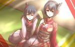  2girls black_hair ekitaiidou female_only fusou_(kantai_collection) hair_ornament japanese_clothes kantai_collection multiple_girls red_eyes text translated yamashiro_(kantai_collection) yukata 