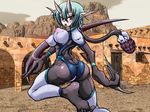  1girl ass assassinroid_(mon-musu_quest!) barcode breasts claws cyborg desert feet green_hair horns large_breasts legs looking_at_viewer mon-musu_quest! monster_girl nipples open_mouth pointy_ears red_eyes scar short_hair soles sweat thighs toes tongue weapon xelvy 