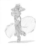  2018 anthro armwear big_breasts boots breasts clothing dress elbow_gloves female fluffy fluffy_tail footwear gloves greyscale haley_maruti high_heels huge_breasts legwear looking_at_viewer mammal monochrome on_one_leg rodent rubber shoes simple_background solo squirrel standing thigh_highs tongue tongue_out wolfkidd 