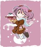  animal_print boots bunny bunny_print coat commentary_request gloves hair_between_eyes hair_bobbles hair_ornament kantai_collection long_sleeves one_eye_closed otoufu pantyhose pink_background pink_eyes pink_hair plate sazanami_(kantai_collection) scarf smile snow_bunny snowing twintails winter_clothes winter_coat 