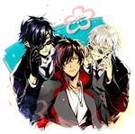  adjusting_eyewear alternate_costume black_neckwear blue_hair collarbone dark_skin dark_skinned_male fujimaru_(inumog) grin jacket jewelry looking_at_viewer male_focus multiple_boys necklace necktie ookurikara parted_lips shokudaikiri_mitsutada smile sunglasses touken_ranbu touken_ranbu:_hanamaru tsurumaru_kuninaga white_hair yellow_eyes 