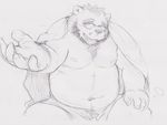  anthro bear beard belly clothed clothing eyewear facial_hair glasses kitajiro2 male mammal monochrome moobs navel offering_hand open_mouth shorts simple_background sitting sketch slightly_chubby smile solo topless towel traditional_media_(artwork) white_background 