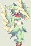  4139 animal_ears blush breasts feathered_wings feathers green_feathers green_hair green_wings harpy highres midriff monster_girl original scarf simple_background small_breasts solo winged_arms wings yellow_eyes 