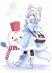  alternate_costume black_legwear blue_eyes blush fur_trim hair_between_eyes hibiki_(kantai_collection) highres kantai_collection long_hair long_sleeves mittens motohara_moka pom_pom_(clothes) scarf silver_hair snow_bunny snowman solo tail thighhighs 