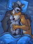  2018 anthro bed black_nose brown_fur canine cuddling duo eye_patch eyes_closed eyewear fox fox_mccloud fur grey_fur hair hi_res k-9 lying male male/male mammal nintendo pillow romantic romantic_couple sleeping star_fox video_games white_fur wolf wolf_o&#039;donnell 