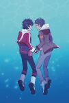  2boys black_hair blush boots brown_hair closed_eyes dark-skinned_male dark_skin fingerless_gloves floating gloves gummybear2379 highres holding_hands hood hoodie jacket keith_(voltron) lance_(voltron) long_sleeves male_focus multiple_boys pants red_jacket shoes smile voltron:_legendary_defender voltron_(series) white_hoodie yaoi 