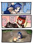  3koma azuki_(azuki_shot) bare_arms bare_legs barefoot black_shirt blue_bow blue_eyes blue_hair bow bowl broken chain clothes_writing collar comic commentary_request crossed_arms debt fire hair_bow hands_up hecatia_lapislazuli highres hood hoodie knees_up long_hair multiple_girls off-shoulder_shirt outdoors polos_crown red_hair shirt sitting smile snot t-shirt touhou translated trembling yorigami_shion 