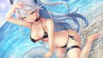 :q anchor arm_up ass azur_lane bangs bare_arms barefoot beach bikini black_bikini blush breasts brown_eyes choker cleavage closed_mouth cloud cloudy_sky collarbone commentary_request day eyebrows_visible_through_hair floating_hair hair_between_eyes hair_ribbon hand_on_own_head innertube iron_cross ko_31 large_breasts long_hair looking_at_viewer mole mole_on_breast multicolored_hair navel ocean outdoors prinz_eugen_(azur_lane) red_hair ribbon sand side-tie_bikini sidelocks silver_hair sitting sky smile solo sparkle stomach streaked_hair sun swimsuit thigh_strap thighs tongue tongue_out tsurime two_side_up very_long_hair wariza water wet 