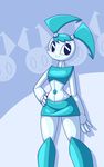  big_eyes clothed clothing female hair jenny_wakeman limebreaker looking_at_viewer machine my_life_as_a_teenage_robot not_furry robot smile solo standing wide_hips 