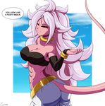  1girl abs android_21 arm_warmers ass bandeau bare_shoulders black_sclera breasts cleavage dragon_ball dragon_ball_fighterz english half-closed_eyes harem_pants jewelry large_breasts majin_android_21 navel pants pink_skin pointy_ears smile solo speech_bubble tail text toned white_hair 