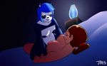  16:10 anthro bear bed big_breasts blue_hair breasts brown_hair duo dutch_angle female female/female fur hair hi_res human human_on_anthro inside interspecies jakkmau5art lava_lamp lying mammal multicolored_fur navel nipples nude on_back panda ponytail smile straddling two_tone_fur 