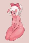  absurdres animal_ears between_legs borrowed_character bow breasts cleavage emelie_(cyancapsule) full_body hair_bow hand_between_legs highres large_breasts long_hair monster_girl norasuko nude original pig_ears pig_girl pink_skin plump ponytail purple_eyes red_bow seiza short_hair silver_hair sitting snout solo 