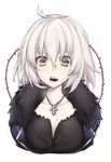  absurdres bangs blue_coat breasts cleavage coat collarbone eyebrows eyelashes fangs fate/grand_order fate_(series) fur_collar hair_between_eyes highres jeanne_d'arc_(alter)_(fate) jeanne_d'arc_(fate)_(all) jewelry looking_at_viewer medium_breasts necklace open_clothes open_coat open_mouth plant short_hair solo teeth thorns upper_body vines white_hair white_skin wicked_dragon_witch_ver._shinjuku_1999 yellow_eyes yutazou 
