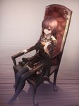  absurdres bangs black_legwear brown_hair chair cup6542 eyebrows_visible_through_hair from_above hair_between_eyes highres long_hair looking_at_viewer no_shoes original red_eyes simple_background sitting skirt smile solo thighhighs zettai_ryouiki 