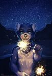  2018 5_fingers anthro black_nose blue_fur canine digital_media_(artwork) fur looking_at_viewer lukiri male mammal open_mouth sky smile solo star starry_sky teeth tongue 