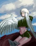  1girl aqua_eyes breasts bulge claws cloud computer feathered_wings feathers futanari glasses harpy highres hood hoodie laptop midriff monster_girl navel nest original penis rhydwyn sitting sky solo white_feathers white_hair winged_arms wings 