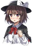  black_capelet blush bow bowtie brown_eyes brown_hair capelet commentary_request e.o. eyebrows_visible_through_hair fedora hat hat_bow highres long_sleeves parted_lips red_bow red_neckwear shirt short_hair simple_background solo touhou upper_body usami_renko v-shaped_eyebrows white_background white_bow white_shirt 